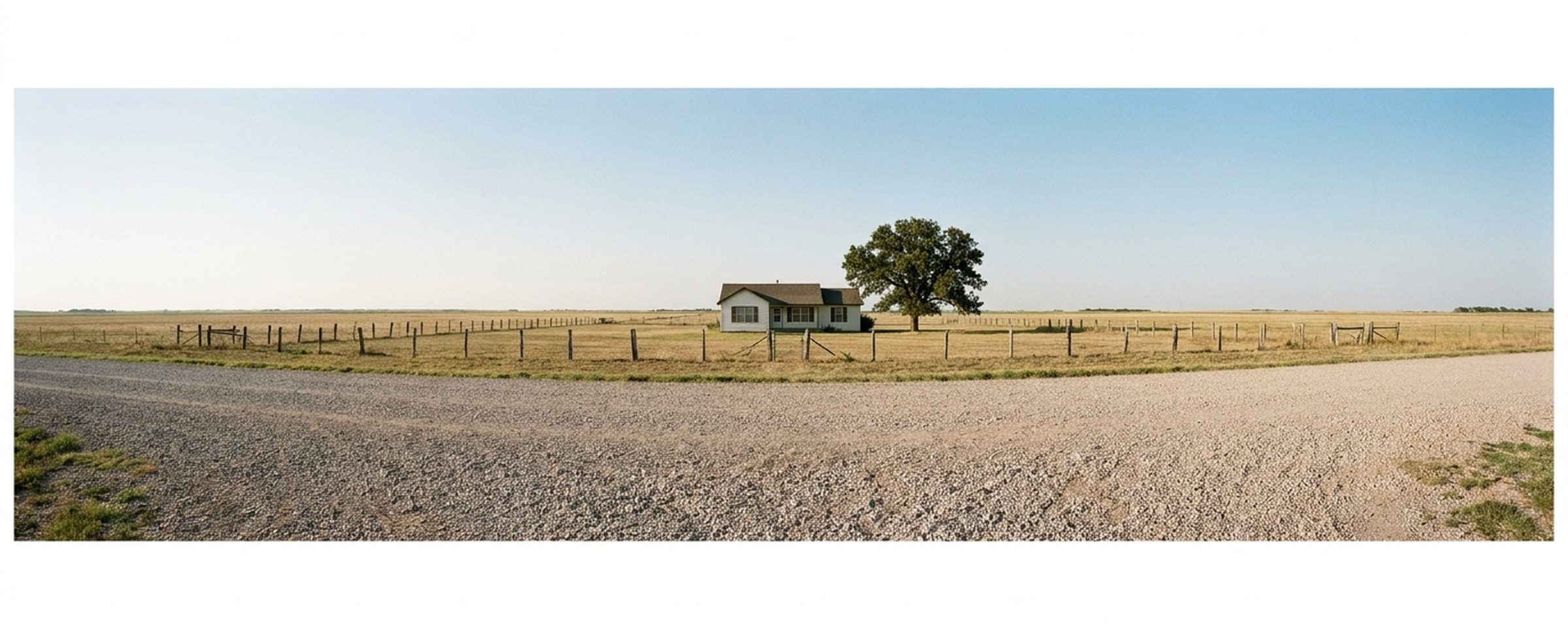 Small house and tree in an open field beside a gravel road